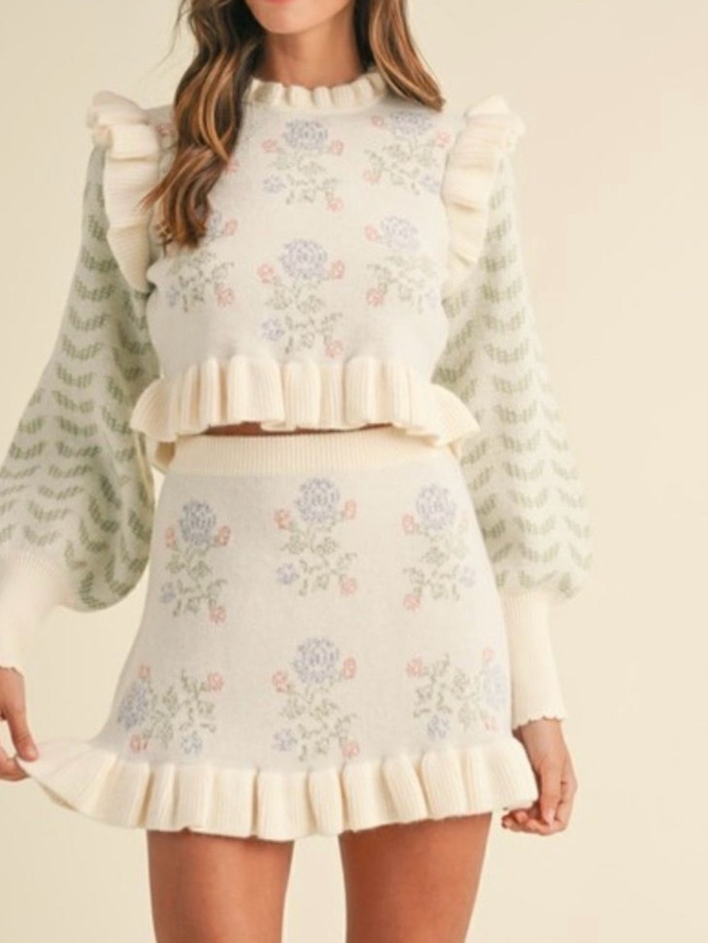 Mable Cream Floral Ruffle Mini Skirt and sweater